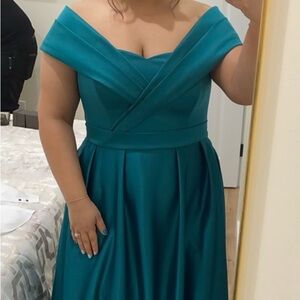 Custom-made off shoulder teal gown
